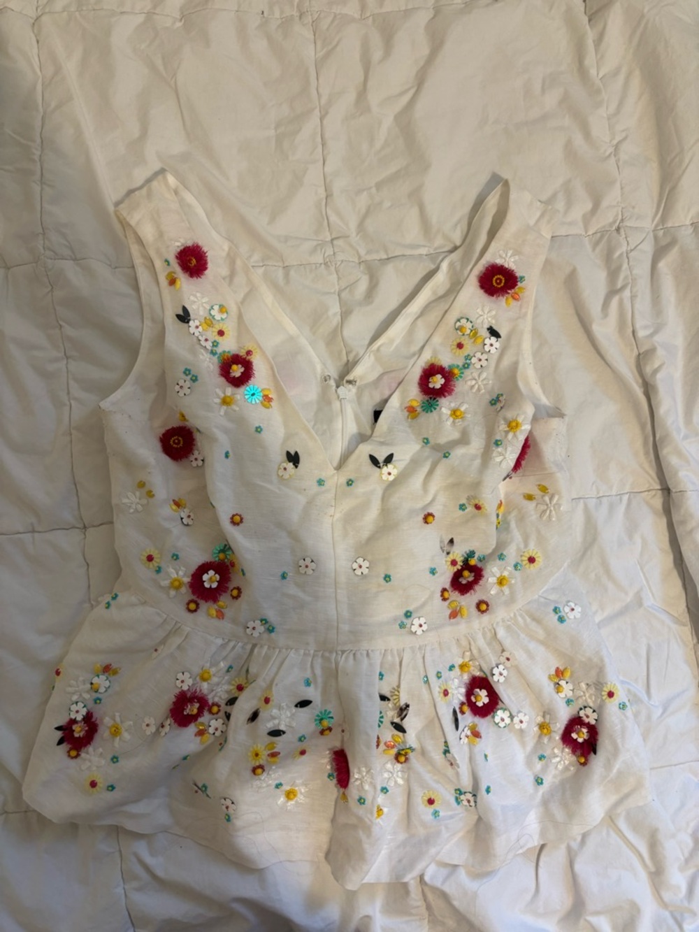 J. Crew White Sleeveless Top with Multicolor Floral Embroidery